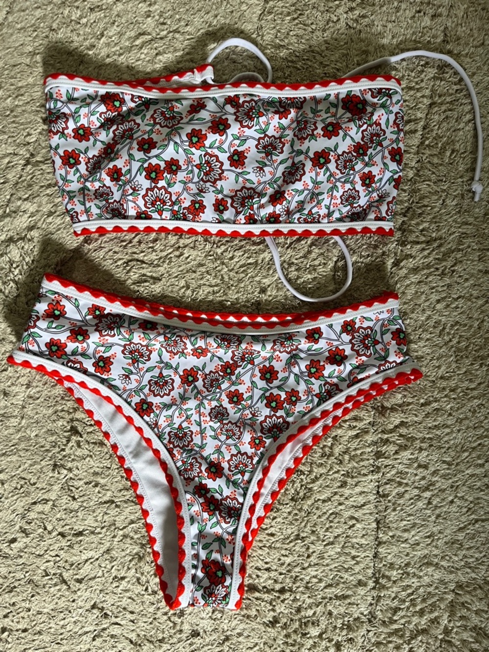 White Floral Red-Trim Bandeau Bikini Set